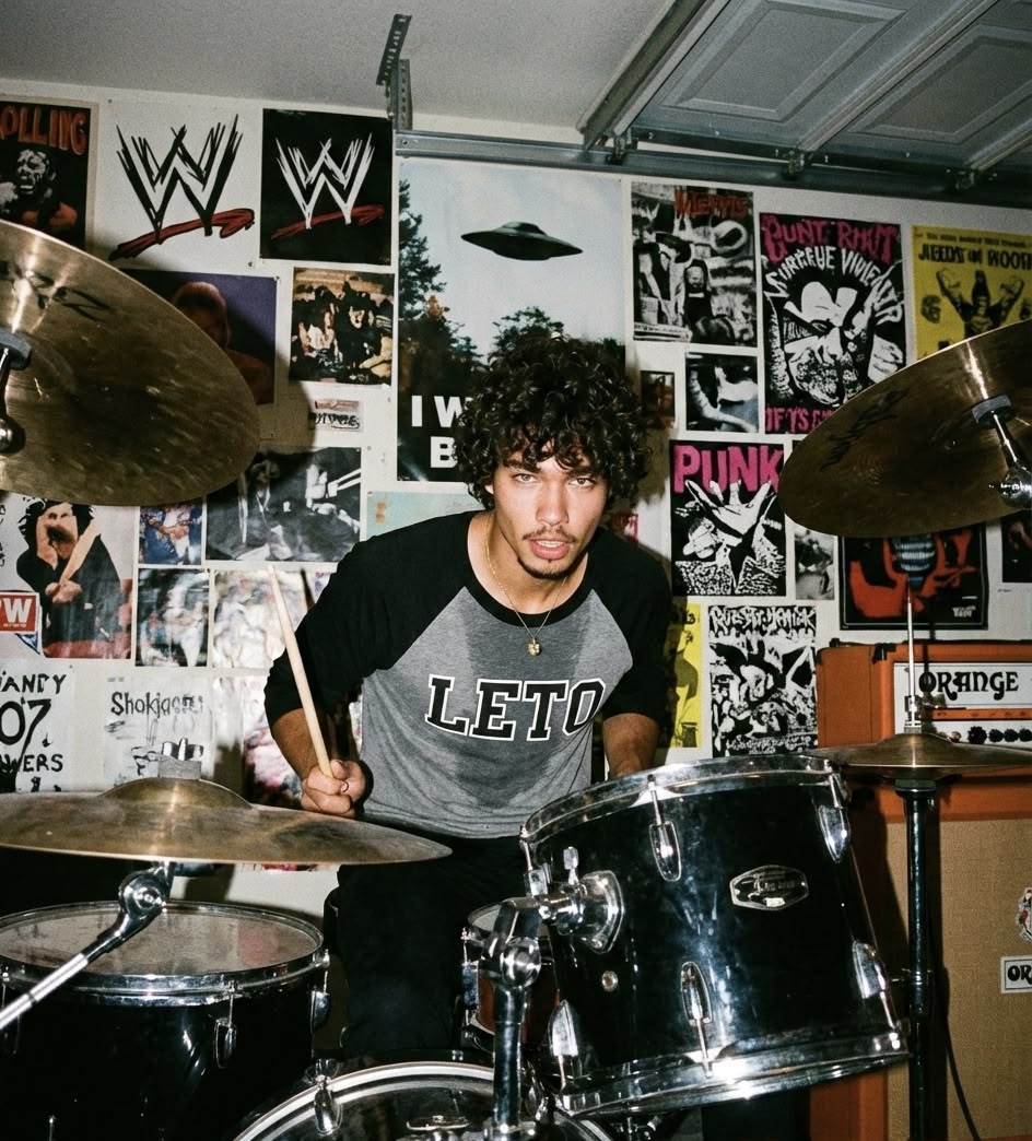 Benny character reference: a curly-haired drummer holding his sticks behind a black drum kit.