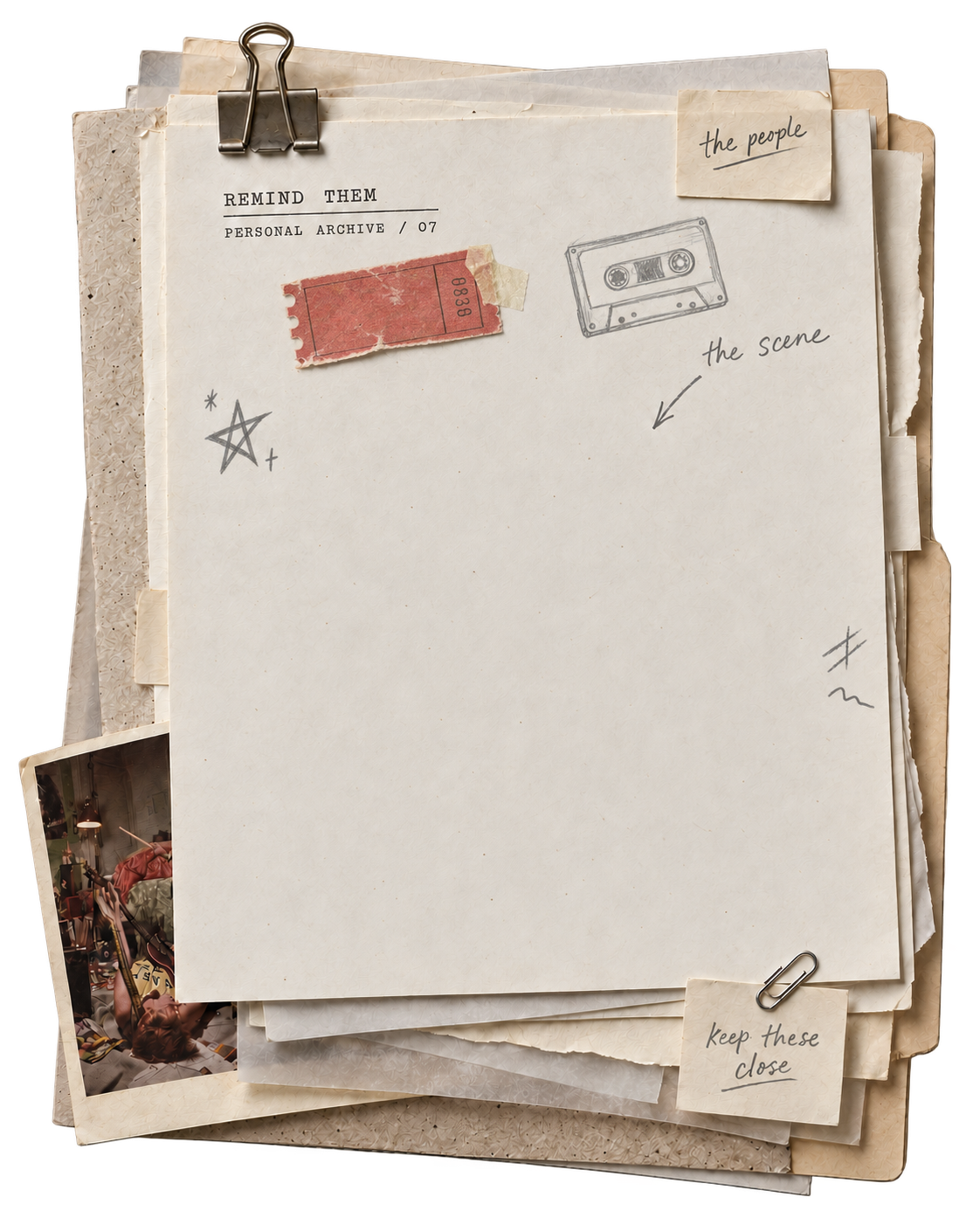 Layered archival paper with metal clips, a worn red ticket, pencil cassette and star doodles, handwritten notes, and a tucked bedroom photograph.