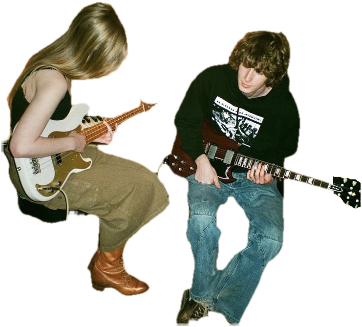 Two musicians playing electric guitars, cut out from an unused reference photograph and placed on the paper archive.