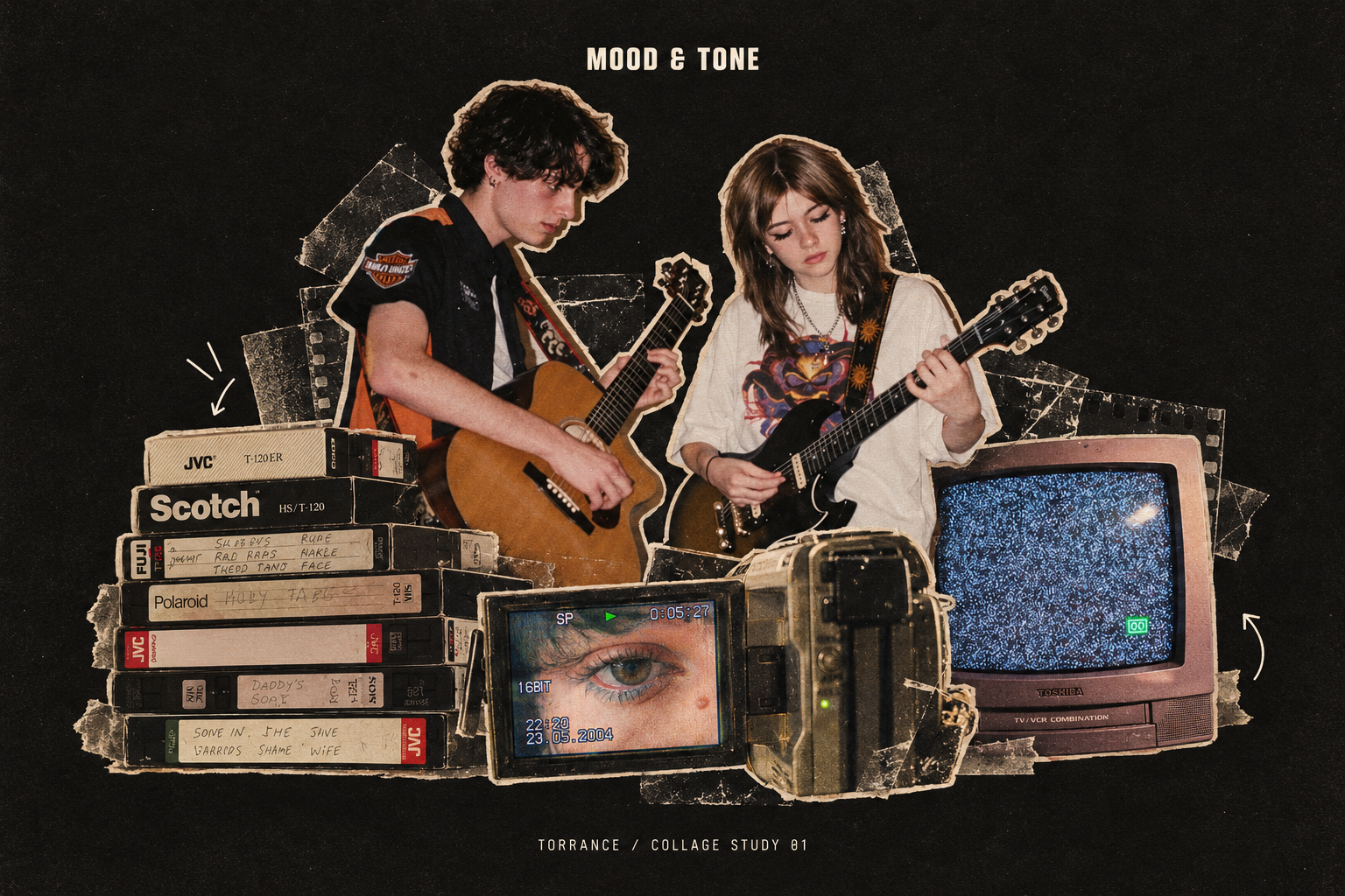 Paper-edged guitarists surrounded by VHS tapes, a camcorder, a television, and worn analog textures.