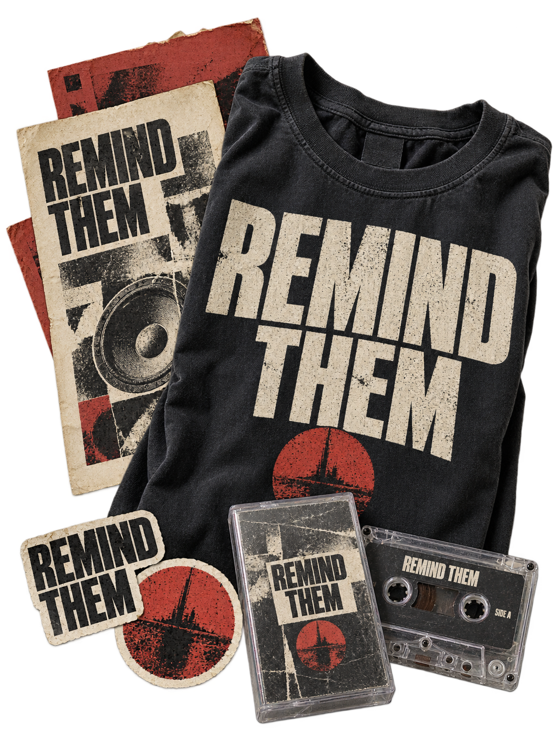 Conceptual Remind Them band release kit: a printed shirt, cassette, show flyers and stickers.