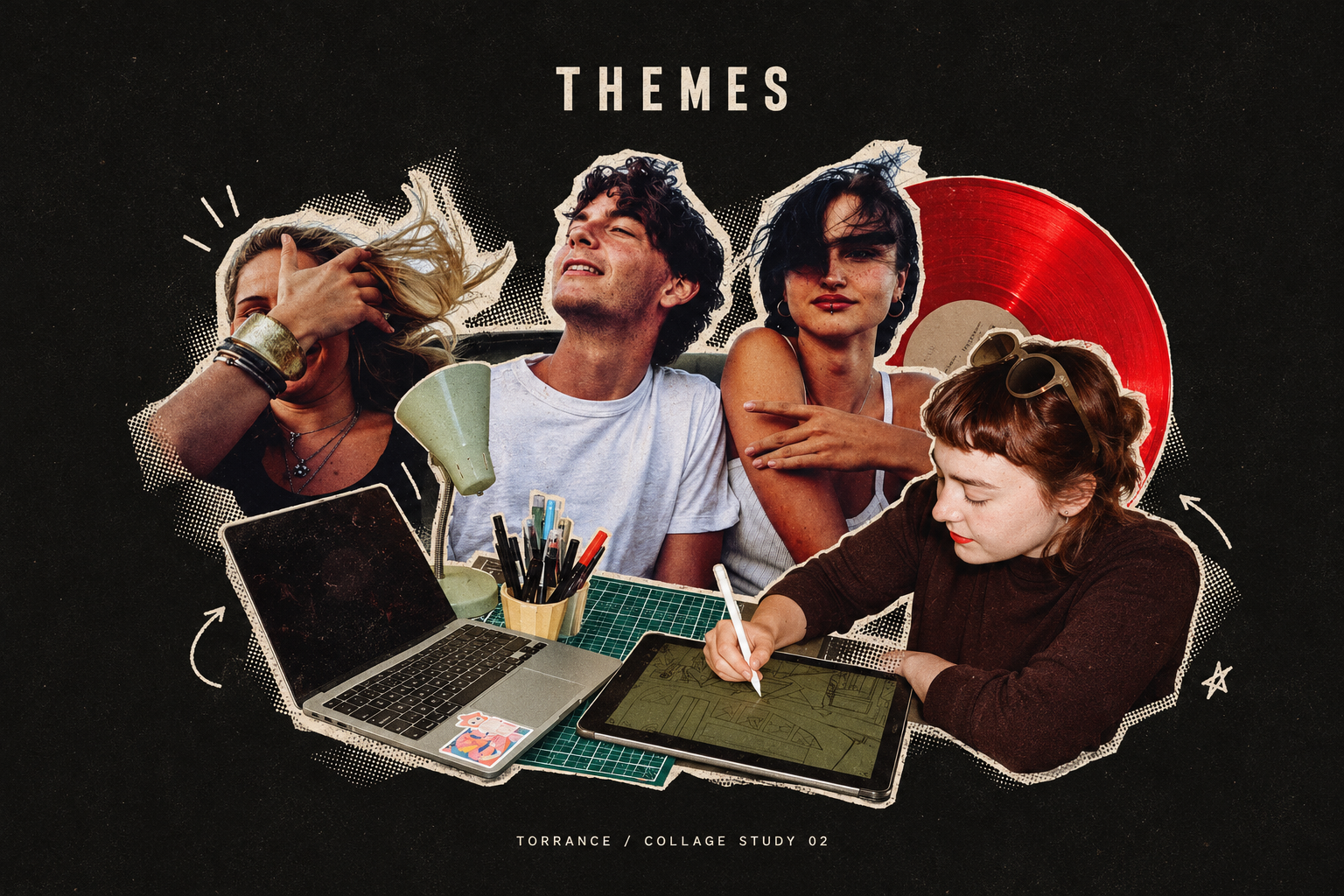 A connected cutout collage of friends, a woman drawing, a laptop, desk objects, and a red vinyl record.